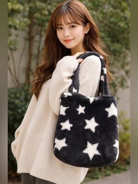 Faux Fur Star Pattern Tote Bag - Black & White